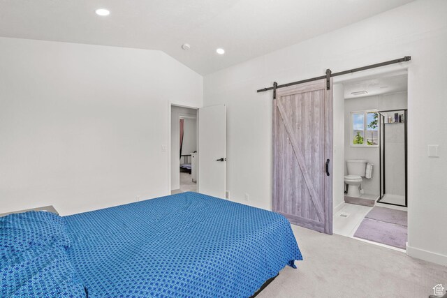 13082 S 2770th Cir W, Riverton, UT 84065 - bedroom featuring a barn door, vaulted ceiling, light carpet, recessed lighting, and ensuite bath