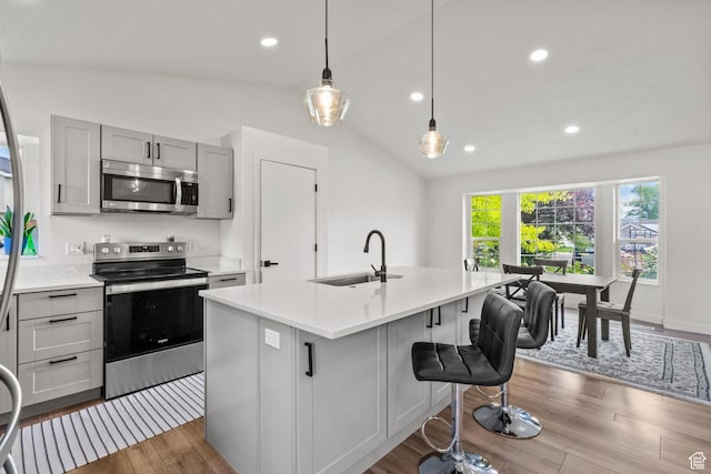 13082 S 2770th Cir W, Riverton, UT 84065 - kitchen featuring stainless steel appliances, wood finished floors, vaulted ceiling, a kitchen island with sink, and light countertops