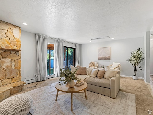 1411 E 1220 N, Logan, UT 84341 - living room with baseboard heating, a textured ceiling, carpet, and recessed lighting