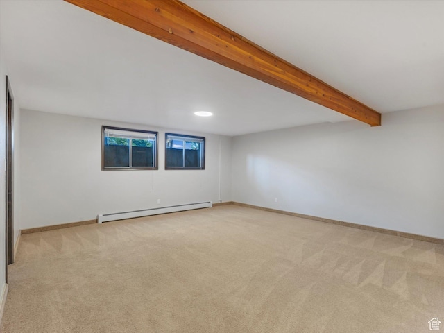 1411 E 1220 N, Logan, UT 84341 - unfurnished room with a baseboard radiator, carpet flooring, and beamed ceiling