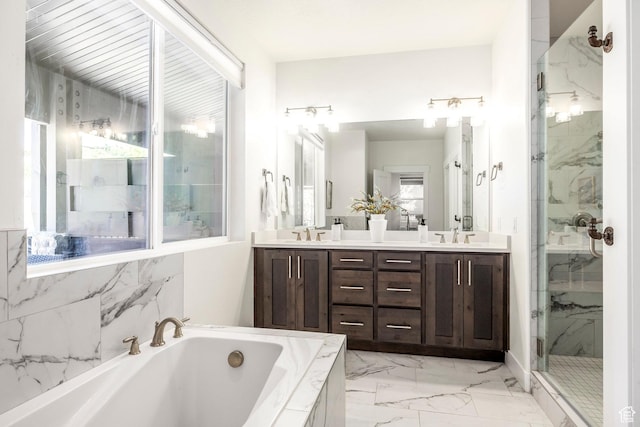 3249 Quarry Springs Dr, Park City, UT 84098 - bathroom featuring a marble finish shower, a garden tub, marble finish flooring, and double vanity