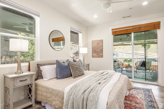 3249 Quarry Springs Dr, Park City, UT 84098 - bedroom featuring access to exterior, wood finished floors, recessed lighting, and ceiling fan