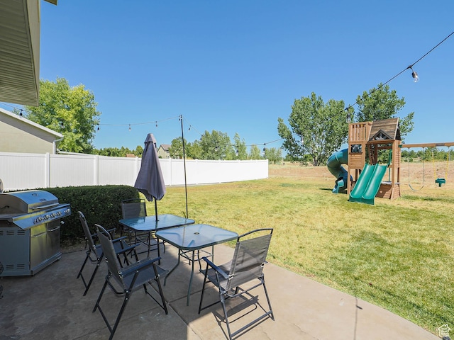 4242 W 11430 S, South Jordan, UT 84009 - view of patio featuring a grill, a playground, and outdoor dining area