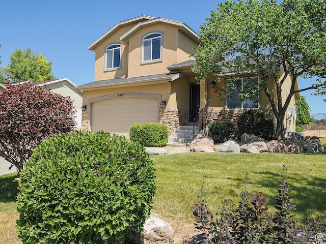 4242 W 11430 S, South Jordan, UT 84009 - view of front of property with stucco siding, stone siding, a garage, and a front lawn