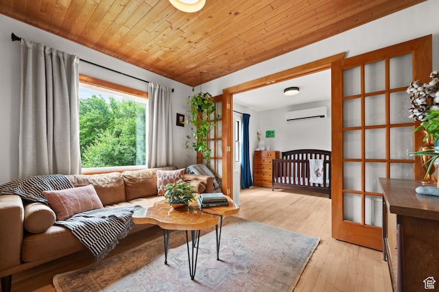 3175 S Imperial St, Millcreek, UT 84106 - living room with a wall mounted air conditioner, light wood-style flooring, and wooden ceiling
