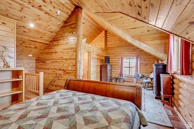 366 E Valley Dr S, Park City, UT 84098 - bedroom with wooden ceiling, rustic walls, vaulted ceiling, and wood finished floors