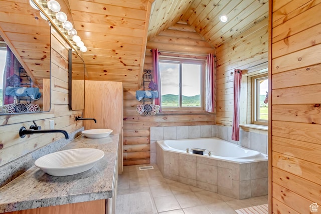 366 E Valley Dr S, Park City, UT 84098 - bathroom with a garden tub, double vanity, lofted ceiling, tile patterned flooring, and wood ceiling