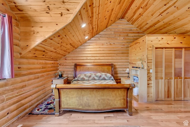 366 E Valley Dr S, Park City, UT 84098 - bedroom with log walls, vaulted ceiling, wooden ceiling, and wood finished floors