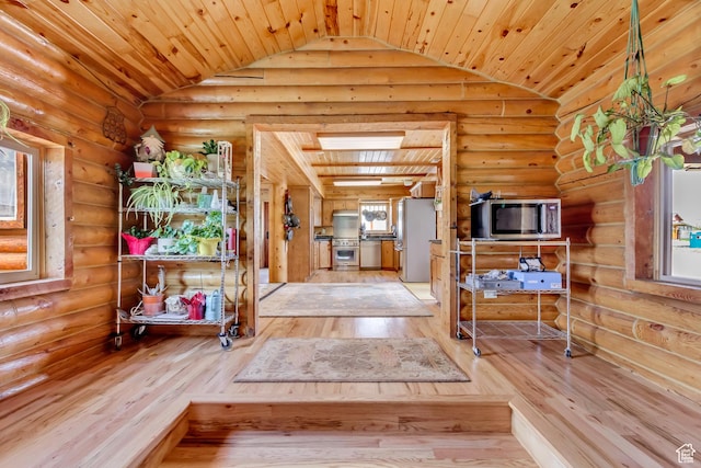 366 E Valley Dr S, Park City, UT 84098 - foyer entrance featuring vaulted ceiling, light wood-style flooring, wood ceiling, and log walls