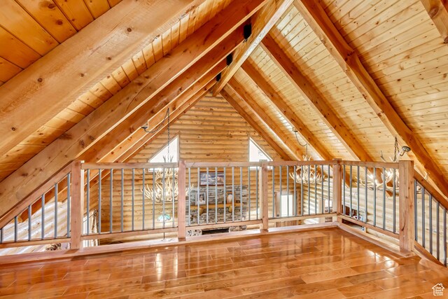 366 E Valley Dr S, Park City, UT 84098 - unfurnished living room with wooden ceiling, hardwood / wood-style flooring, and a chandelier