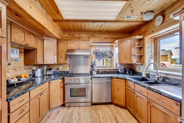 366 E Valley Dr S, Park City, UT 84098 - kitchen featuring stainless steel appliances, light wood finished floors, wooden ceiling, under cabinet range hood, and open shelves