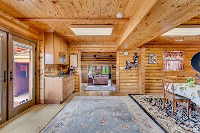 366 E Valley Dr S, Park City, UT 84098 - kitchen featuring a wooden ceiling with exposed beams, light wood-type flooring, log walls, and plenty of natural light