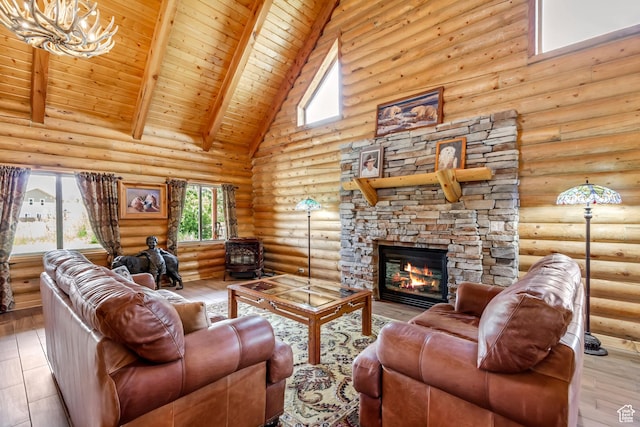 366 E Valley Dr S, Park City, UT 84098 - living area with rustic walls, a high ceiling, a wood ceiling with exposed beams, a fireplace, and wood finished floors