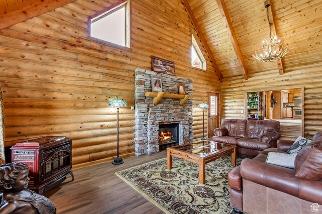 366 E Valley Dr S, Park City, UT 84098 - living area featuring high vaulted ceiling, a chandelier, a wood stove, log walls, and a stone fireplace