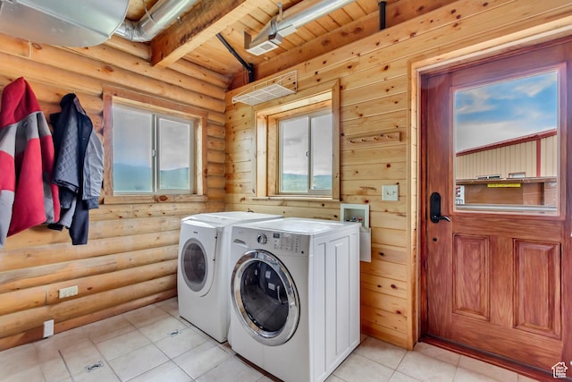 366 E Valley Dr S, Park City, UT 84098 - laundry room with washer and dryer, rustic walls, light tile patterned flooring, and wooden ceiling
