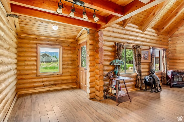 366 E Valley Dr S, Park City, UT 84098 - interior space with a wooden ceiling with exposed beams, wood finished floors, and rustic walls