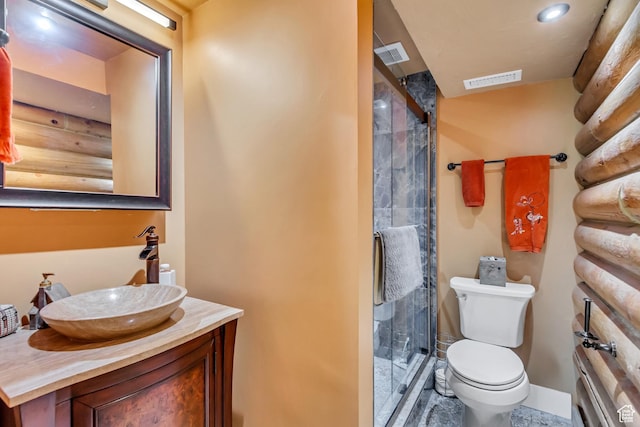 366 E Valley Dr S, Park City, UT 84098 - bathroom featuring vanity, a stall shower, and log walls