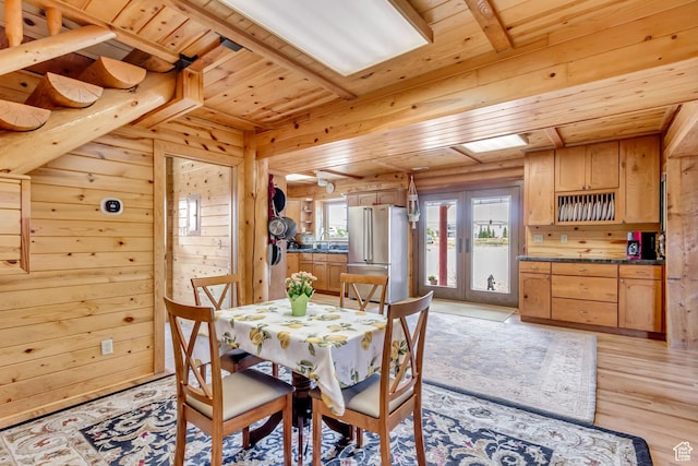 366 E Valley Dr S, Park City, UT 84098 - dining area featuring wooden ceiling, wooden walls, and light wood-style flooring