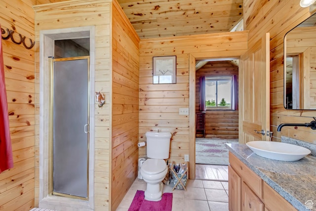 366 E Valley Dr S, Park City, UT 84098 - full bathroom with vanity, a stall shower, wood ceiling, wooden walls, and tile patterned floors