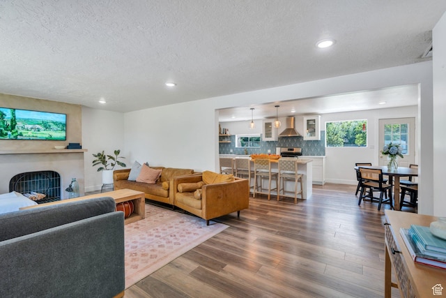 2040 N Oakcrest Ter, Provo, UT 84604 - living room featuring a fireplace, a textured ceiling, recessed lighting, and dark wood-style flooring