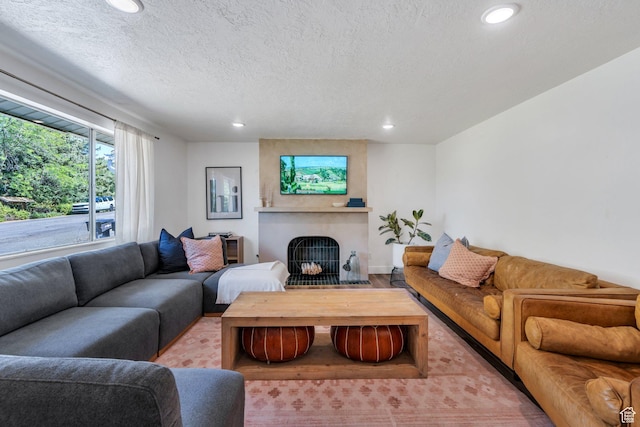 2040 N Oakcrest Ter, Provo, UT 84604 - living room featuring a fireplace, recessed lighting, wood finished floors, and a textured ceiling
