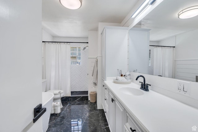 2040 N Oakcrest Ter, Provo, UT 84604 - bathroom featuring vanity, a tile shower, and marble finish flooring