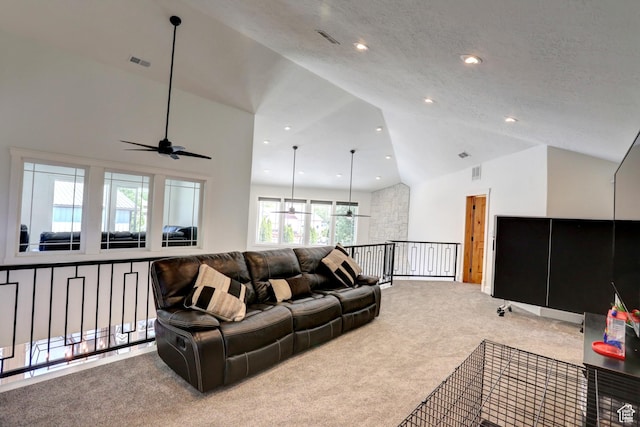 1767 S 800 W, Mapleton, UT 84664 - living area with carpet flooring, ceiling fan, high vaulted ceiling, and recessed lighting