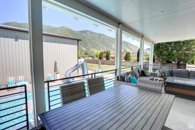 1767 S 800 W, Mapleton, UT 84664 - deck featuring an outdoor hangout area, a mountain view, and a fenced backyard