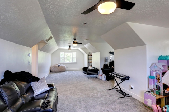 1767 S 800 W, Mapleton, UT 84664 - interior space with a ceiling fan, a textured ceiling, lofted ceiling, and carpet
