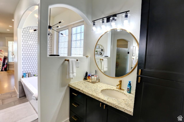 1767 S 800 W, Mapleton, UT 84664 - bathroom featuring a tub, a shower, vanity, and tile patterned floors