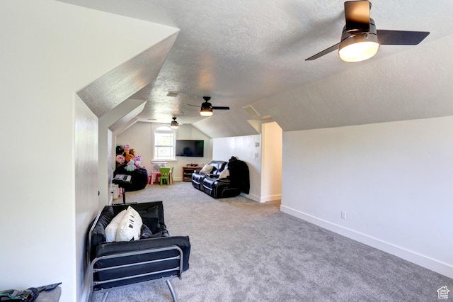 1767 S 800 W, Mapleton, UT 84664 - sitting room featuring a ceiling fan, a textured ceiling, vaulted ceiling, and carpet