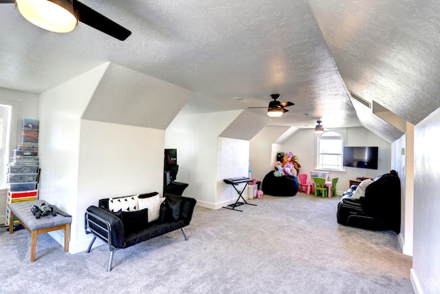 1767 S 800 W, Mapleton, UT 84664 - sitting room with ceiling fan, a textured ceiling, carpet flooring, and vaulted ceiling