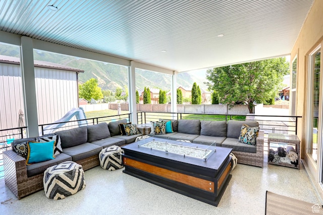 1767 S 800 W, Mapleton, UT 84664 - sunroom with an outdoor living space with a fire pit and a mountain view