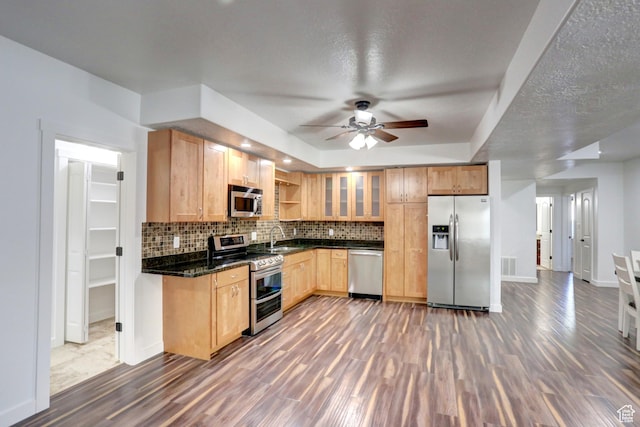 1767 S 800 W, Mapleton, UT 84664 - kitchen featuring stainless steel appliances, dark wood-style flooring, ceiling fan, decorative backsplash, and light brown cabinets
