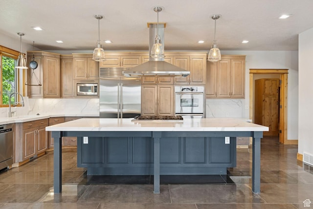 4555 Palomino Dr, Heber City, UT 84032 - kitchen featuring built in appliances, recessed lighting, a center island, tasteful backsplash, and a kitchen bar