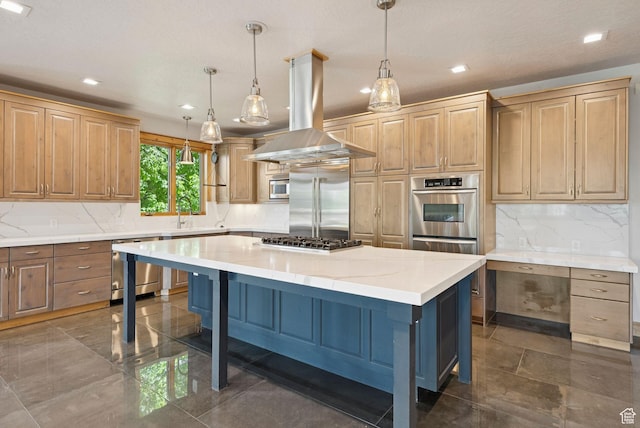 4555 Palomino Dr, Heber City, UT 84032 - kitchen with built in appliances, island range hood, a kitchen bar, tasteful backsplash, and recessed lighting