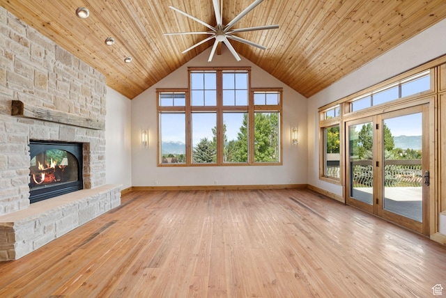 4555 Palomino Dr, Heber City, UT 84032 - unfurnished living room featuring a ceiling fan, high vaulted ceiling, a fireplace, wood ceiling, and hardwood / wood-style floors