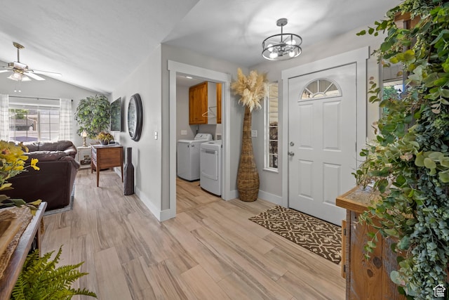 1343 W 870 N, Pleasant Grove, UT 84062 - entrance foyer with washer and clothes dryer, ceiling fan, lofted ceiling, light wood-type flooring, and a chandelier