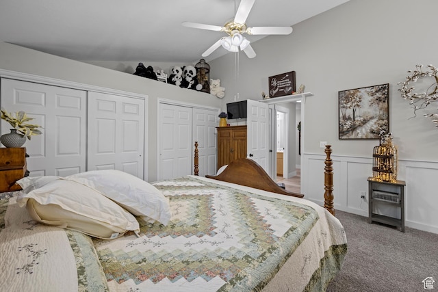 1343 W 870 N, Pleasant Grove, UT 84062 - bedroom featuring two closets, light carpet, lofted ceiling, a ceiling fan, and a wainscoted wall