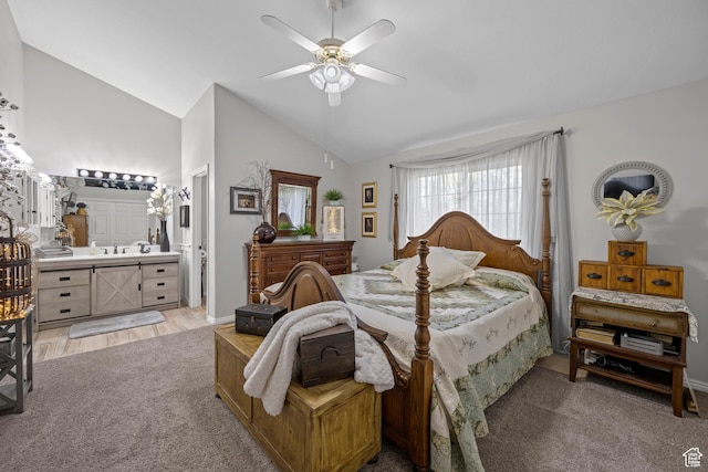1343 W 870 N, Pleasant Grove, UT 84062 - bedroom with lofted ceiling, light colored carpet, a ceiling fan, and ensuite bath