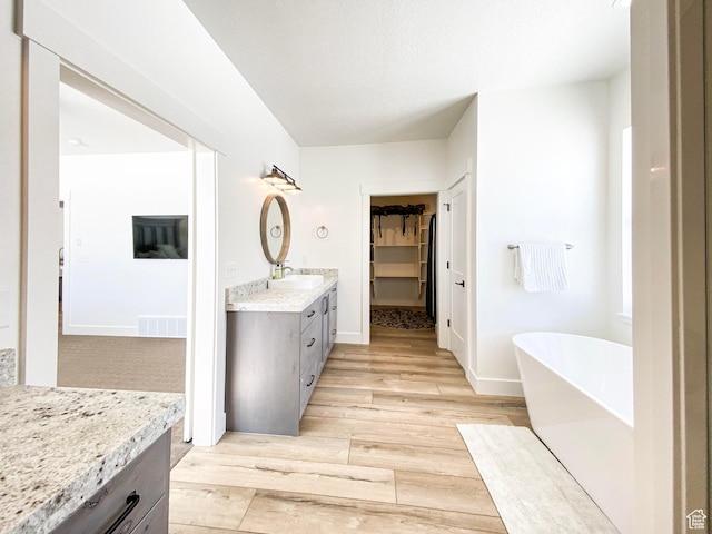 96 W 350 S, Garden City, UT 84028 - full bath featuring vanity, a freestanding tub, wood finished floors, and a walk in closet