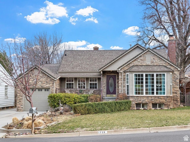 1728 E 27th St, Ogden, UT 84403 - view of front of property with stone siding, concrete driveway, a chimney, a garage, and a front yard