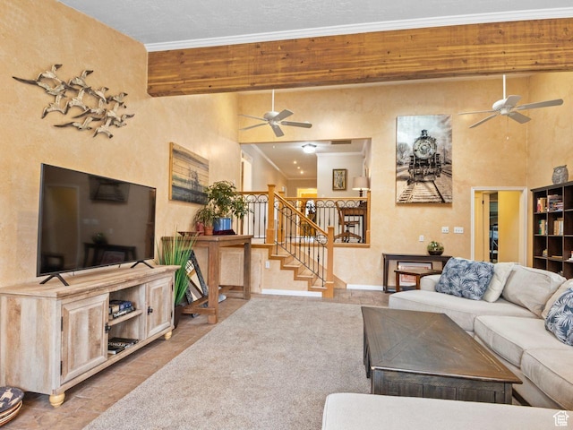 1728 E 27th St, Ogden, UT 84403 - living room with a ceiling fan, stairs, and ornamental molding