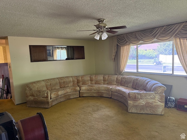 48 S Flint St, Kaysville, UT 84037 - living room with carpet flooring, a ceiling fan, and a textured ceiling
