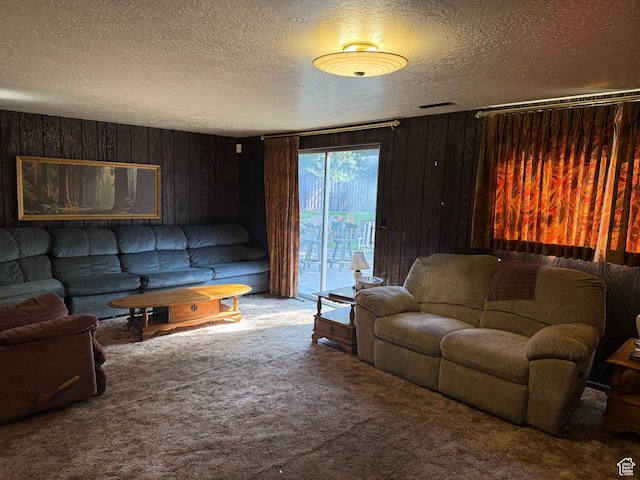 48 S Flint St, Kaysville, UT 84037 - living room featuring a textured ceiling, carpet, and wood walls