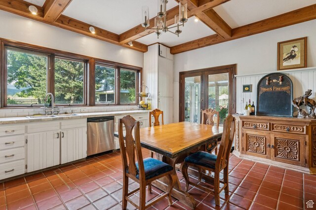 455 E Boulderville Rd, Oakley, UT 84055 - tiled dining room featuring beam ceiling, coffered ceiling, plenty of natural light, and french doors