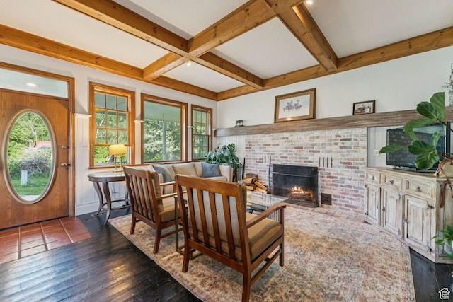 455 E Boulderville Rd, Oakley, UT 84055 - living area featuring beam ceiling, a fireplace, coffered ceiling, and dark wood-type flooring