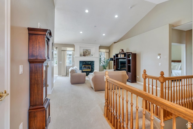 1125 E 740 S, Pleasant Grove, UT 84062 - living area featuring vaulted ceiling, a fireplace, recessed lighting, and light carpet