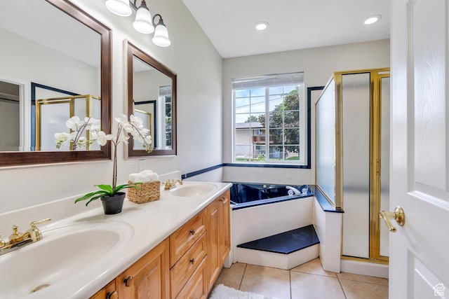 1125 E 740 S, Pleasant Grove, UT 84062 - full bath with a stall shower, tile patterned flooring, double vanity, a garden tub, and recessed lighting