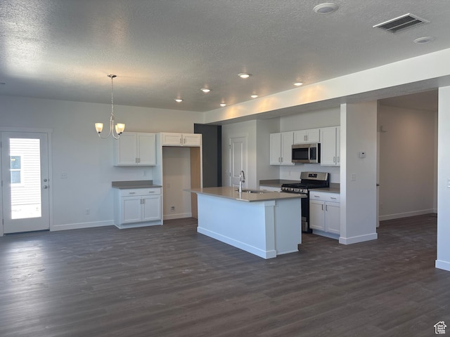 1574 E Pheasant Rd Unit 211, Eagle Mountain, UT 84005 - kitchen with stainless steel appliances, dark wood-style flooring, a textured ceiling, white cabinetry, and a kitchen island with sink